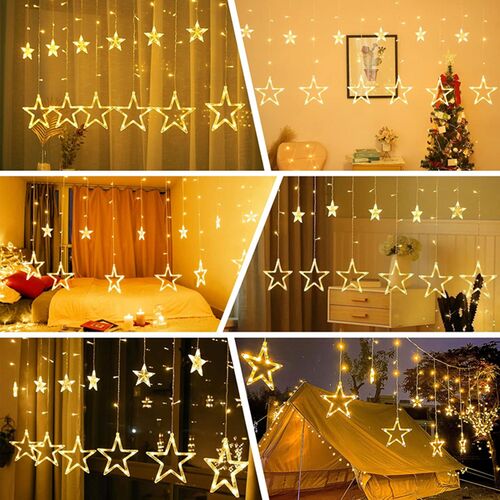 Cortină luminoasă de interior-exterior Star Icicle cu 100 LED-uri, alimentată cu baterii, alb cald, 200 cm lățime, cu 8 moduri de iluminare 145815610