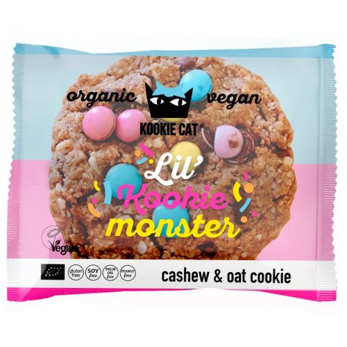 Kookie Cat Lil' Kookie Monster kesudiós-zabkeksz színes csokoládédarabokkal, gluténmentes és bio 