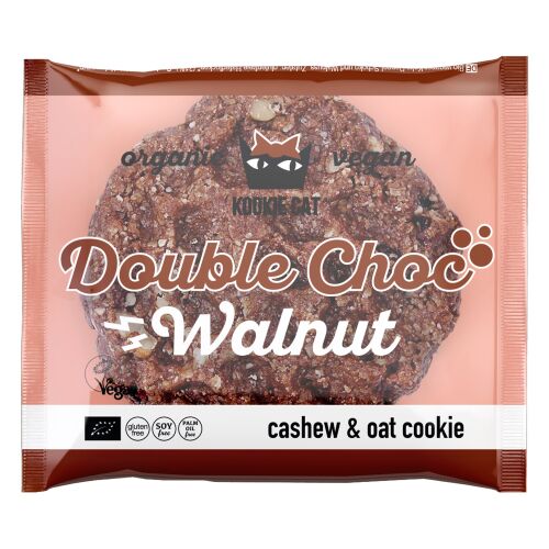 Kookie Cat Double Choc Walnut keksz, 50g, gluténmentes, vegán, organikus kesudió és zab keksz 