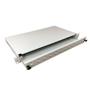 Száloptikai elosztódoboz 12xSC simplex / 12xLC duplex 19" 1U előlappal és rögzítési tartozékokkal (tömszelencék, szalagok), kihúzható ALANTEC 145829878 - Patch panel
