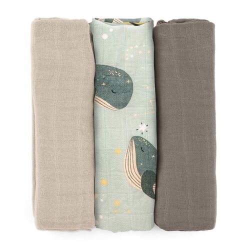 Bambusz muszlin 3db-os pelenka 68 x 68 cm - Moussy Whale Song 145870711
