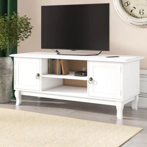 TV-szekrény 120x40x50 cm, polcok, 2 tárolószekrény, fenyőfa lábak, MDF, fehér