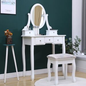 Fésülködőasztal szett 140x80x40 cm, tükörrel és székkel, 5 fiókkal