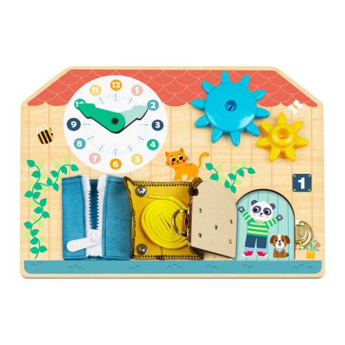 MONI fa matatófal órával, cipzárral, cipőfűzővel és zárral a kisgyermekek készségfejlesztéséhez