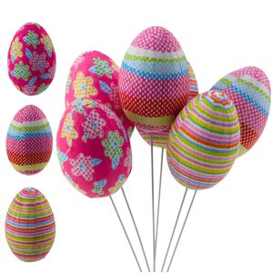 Húsvéti tojások dróton Pick Pontok Virágok Csíkok Dekoráció Színes 6db