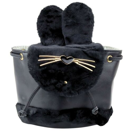 Gyermek hátizsák plüss füles állítható pánt fekete 22cm 4L