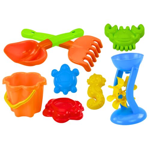 Homokkészlet, vödör, daráló, szűrő, formák, 9 színes