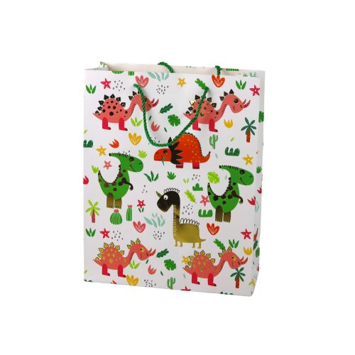 Papír ajándéktáska Színes dinoszauruszok pálmafák 32 cm x 26 cm x 10 cm
