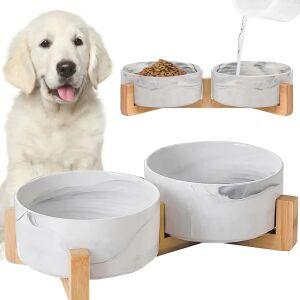 NUXIE® Dupla Kerámia Tál Kutyáknak és Macskáknak álványon, márványszín, 2X400ml