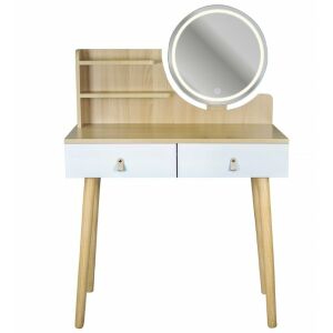 Toaletka Scandi 4, okrągłe lustro LED 40 cm, 3 rodzaje światła (zimne, ciepłe, naturalne), 125x80x40 cm, płyta MDF + drewno sosnowe, kolor naturalny biały 145968545 - Jumi