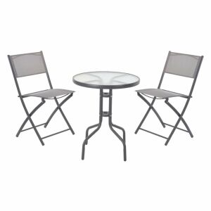 Klappbares Bistromöbel-Set mit rundem Tisch und 2 Stühlen – Metallgestell und Platte aus gehärtetem Glas, grau