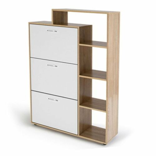 Szafka na buty z półką JUMI, 132x24x86 cm, płyta wiórowa fornirowana na biało, 3 przegrody i otwarta przestrzeń boczna 145968549