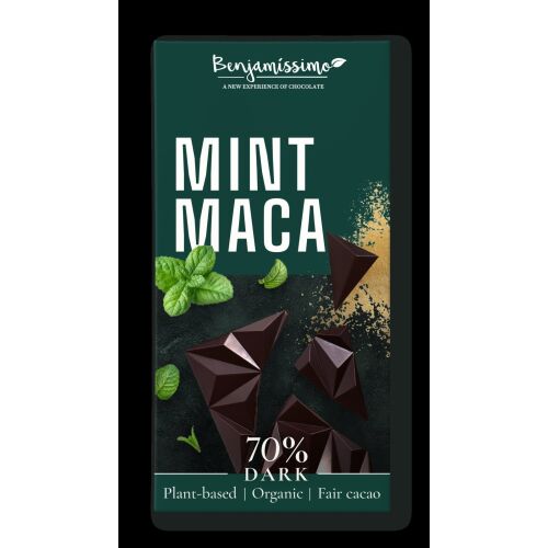 70%-os fekete csokoládé mentával és macával, bio, 60 g, Benjamissimo