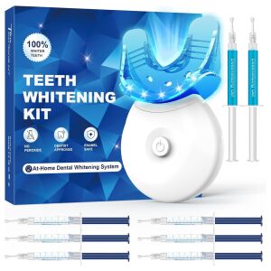 Fogfehérítő készlet LED lámpával, 6 fehérítő géllel + 2 érzékenységcsökkentő géllel, szilikon tálcával és 5x LED lámpával, peroxidmentes, biztonságos a fogzománcra, látható eredmények 7 napon