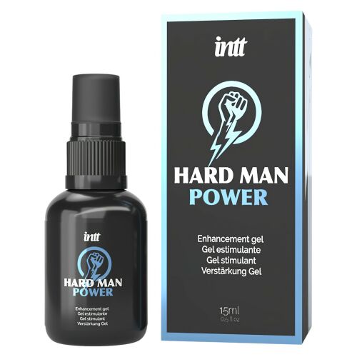 Intt Hard Man Power stimuláló gél, közeli kép az üvegről és a dobozról - Késleltető férfiaknak