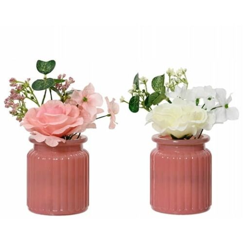 Dekoratív műrózsák üvegvázában, 1 db, 18x7,5 cm