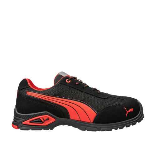 Puma Madrid S1PL FO SR munkavédelmi cipő, oldalnézet, fekete és piros. - Munkavédelmi cipő