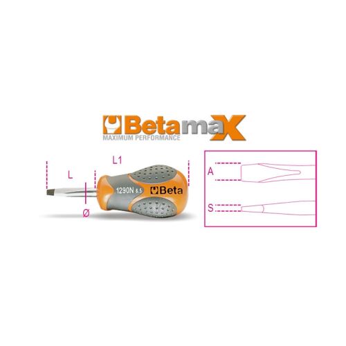 Beta 1290N 6,5x30 Extra rövid csavarhúzó hasítottfejű csavarokhoz, méretekkel - Szerszám