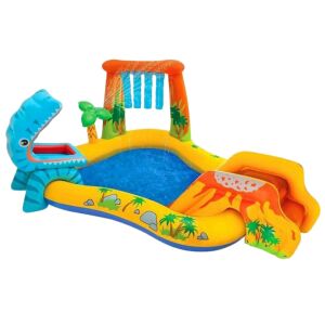 Macvi® felfújható gyermekmedence, többszínű, integrált csúszdával, interaktív kialakítással, tartós anyagból, könnyen telepíthető, ideális kertbe és udvarra