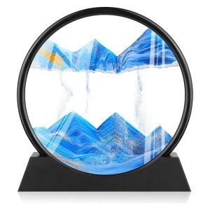 Macvi® dekorációs tárgy 3D homokhatással, 360°-ban forgó asztal, műanyag talp, üveg és homok, 18x19 cm, Kék