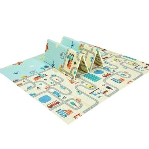 Macvi® összecsukható játszószőnyeg babáknak, 200x150 cm, kétoldalas, erdei tematikus ösvény, utakkal, biztonságos és puha anyagból.