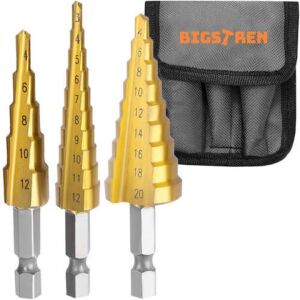 3 darabos Macvi® kúpos lépésfúró készlet, HSS acél titán bevonattal, 6 mm-es szárak, 4-12 mm, 3-12 mm, 4-20 mm méretben, tárolódobozban, erős és tartós.