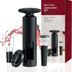 Macvi® 2 az 1-ben bornyitó készlet, professzionális dugóhúzó fóliavágóval, vákuumdugóval és levegőztetővel, ergonomikus kialakítás, ezüst színű