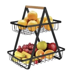 Macvi® dekoratív gyümölcskosár, 2 polccal, fekete fém, fa fogantyúval, stabil és elegáns, ideális gyümölcsök és zöldségek tárolására.