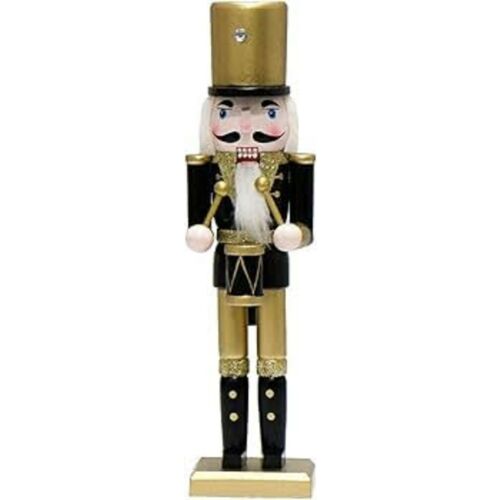 Karácsonyi diótörő csillámos figura fekete-arany őr dobbal 25cm