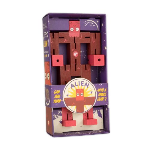 Puzzle Planet Alien logikai játék a Professor Puzzle-től a csomagolásában. Fa puzzle, mely idegenné vagy kockává alakítható. - Logikai játék