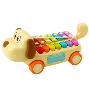 Lovagló kutya cintányérokkal, mozgatható fülekkel, farokkal, bottal egy madzagon