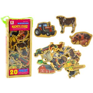 Fa mágnes készlet, háziállatok, mezőgazdasági gépek, 20 db