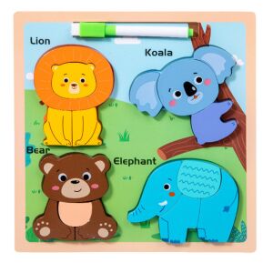 Puzzle tábla 2 az 1-ben fából készült oktatási vadállatok jelölő