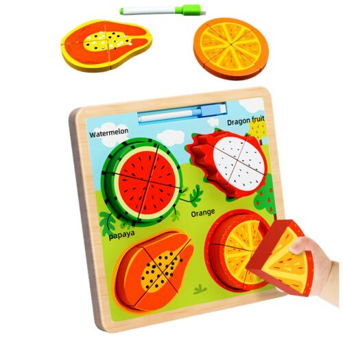 Puzzle tábla 2 az 1-ben: Fa gyümölcs puzzle tábla görögdinnye, pitaya, papaya és narancs darabokkal, rajztáblával és filctollal