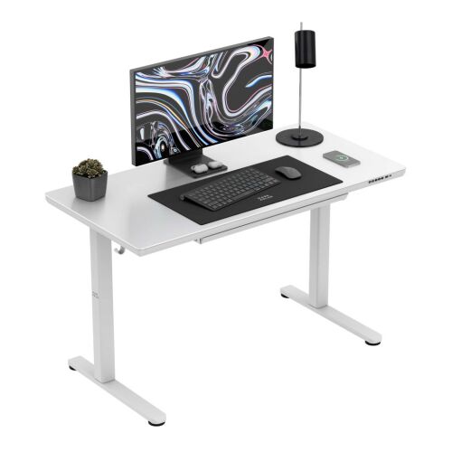 Állítható magasságú íróasztal, 120 x 60 cm, fejhallgatótartóval, üveglappal fehér 146076148