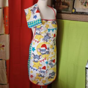 OTT58 - Karácsonyi, egér mintás pamut konyhai szett kék széllel: kötény, konyharuha (törlőkendő)