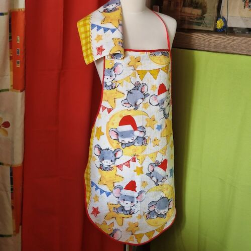 OTT57 - Karácsonyi, egér mintás pamut konyhai szett sárga széllel: kötény, konyharuha (törlőkendő) 146082328