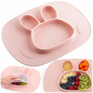 Ricokids rózsaszín szilikon bébi tányér nyuszi mintával és ételrekeszekkel, tapadó alj - Ricokids
