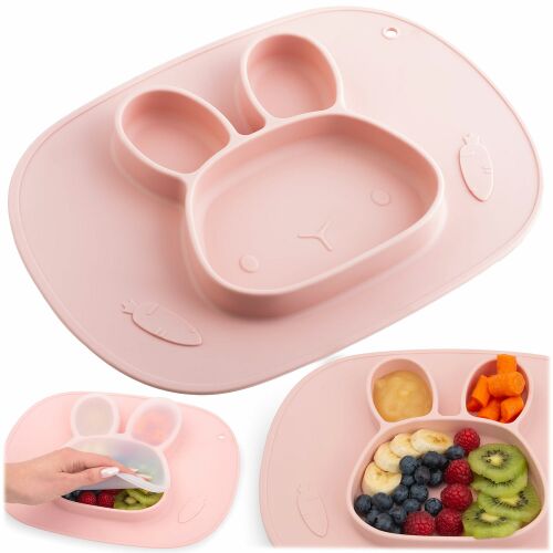 Ricokids rózsaszín szilikon bébi tányér nyuszi mintával és ételrekeszekkel, tapadó alj