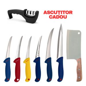 Hentes késkészlet, komplett készlet húsvágó késhegyezővel, színes nyéllel, 8 darabos 146136939 - Konyhakés