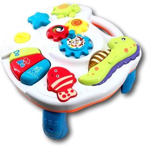 Macvi® 2in1 zenei foglalkoztatóasztal, babáknak, zongorával, fényekkel és hangokkal, levehető, kiságyra rögzíthető, kék-fehér színű.