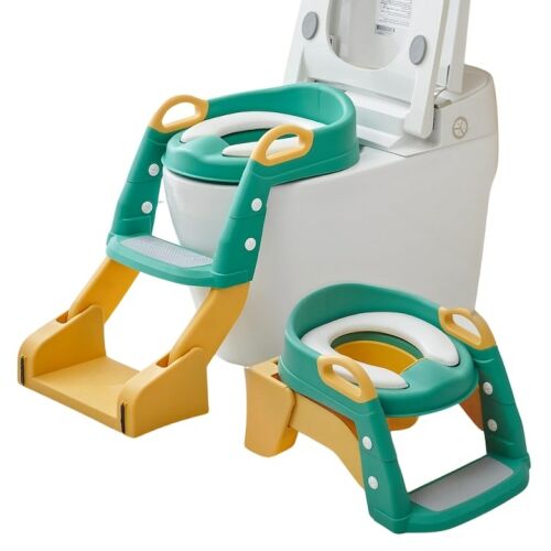 Macvi® CozyMood 3 az 1-ben gyermek WC-ülőke szűkítő, bilivel és ülőkével, mosható puha párnával, állítható lépcsőfokokkal, csúszásmentes, összecsukható, BPA mentes, zöld-sárga színű 146155455