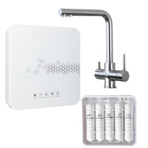 Ultraszűrő vízszűrő Macvi® 5 fokozatú + lúgosítás, pontosság 0,01 µm, 3-utas elem, 360°-os csap, mosogató alatt.