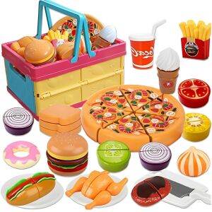 Macvi® piknik és konyhai játékkészlet, 26 darab, zöldség és gyümölcs tépőzárral, pizza, evőeszközök, nem mérgező anyagok, interaktív szerepjáték, +3 éves korig, többszínű