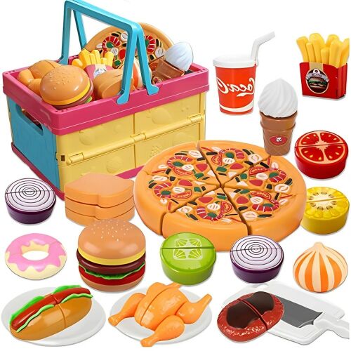 Macvi® piknik és konyhai játékkészlet, 26 darab, zöldség és gyümölcs tépőzárral, pizza, evőeszközök, nem mérgező anyagok, interaktív szerepjáték, +3 éves korig, többszínű 146155459