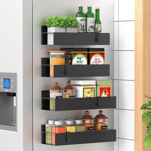Macvi® 4 db-os mágneses polc szett hűtőszekrénybe és konyhába, fűszerrendező 4 kampóval, 5 kg-os stabil fém tartóval, 2 méretben, fekete, 27x8,5x7,5 cm / 29,5x9,5x7,5 cm / 29,5x9,5x7,5 cm 146155476
