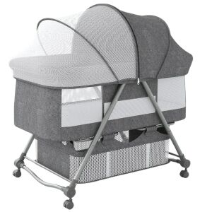 Macvi® összecsukható kiságy csecsemőknek, 3 billenőfokozat, rovarháló, tárolókosár, zárrendszer, hintafunkció, szürke színű 146155474 - Utazóágy és Kiegészítői