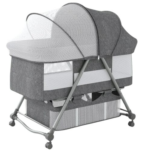 Macvi® összecsukható kiságy csecsemőknek, 3 billenőfokozat, rovarháló, tárolókosár, zárrendszer, hintafunkció, szürke színű 146155474