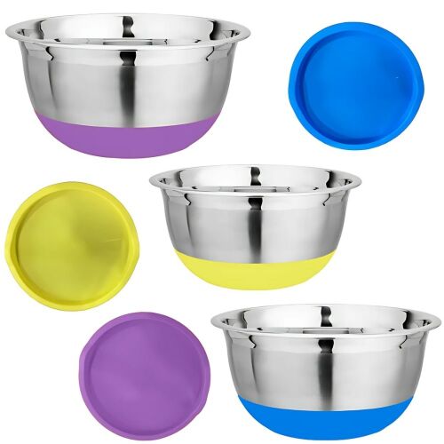 3 darabos Macvi® tál készlet fedővel és ragasztóval, rozsdamentes acél + műanyag, 20-22-24 cm átmérőjű, többszínű, hűtőszekrényben és mosogatógépben mosható. 146155558