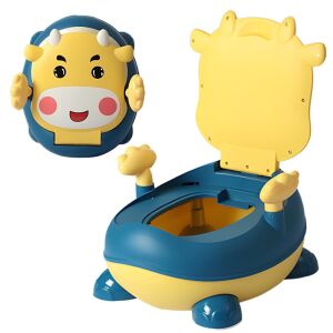 Macvi® gyermek bili fogantyúval, puha, nem mérgező gallérral, tehén mintával, lekerekített peremmel és kiömlés elleni rendszerrel, 6 hónap - 3 év, kék/sárga színben.